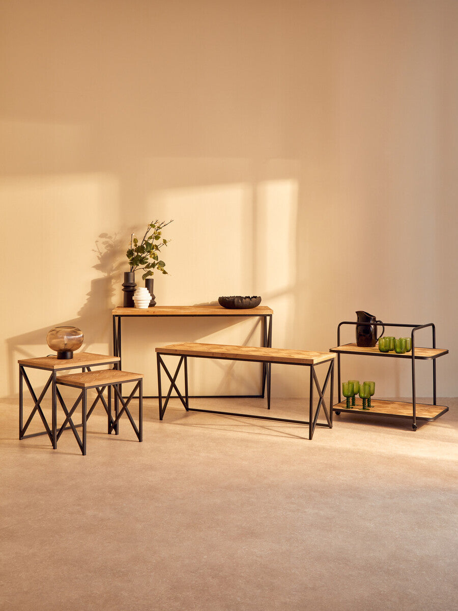 Natural Parquet Fir Wood Set of Two Nesting Tables with Black Metal Frame | Kickford