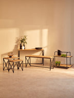 Natural Parquet Fir Wood Set of Two Nesting Tables with Black Metal Frame | Kickford