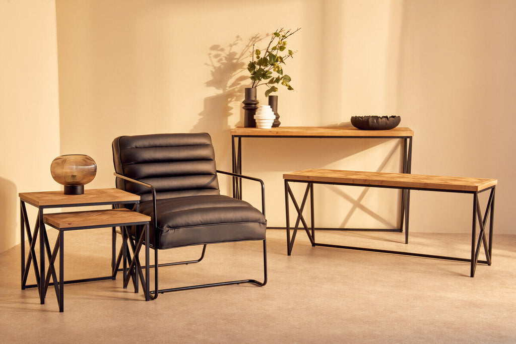 Natural Parquet Fir Wood Set of Two Nesting Tables with Black Metal Frame | Kickford