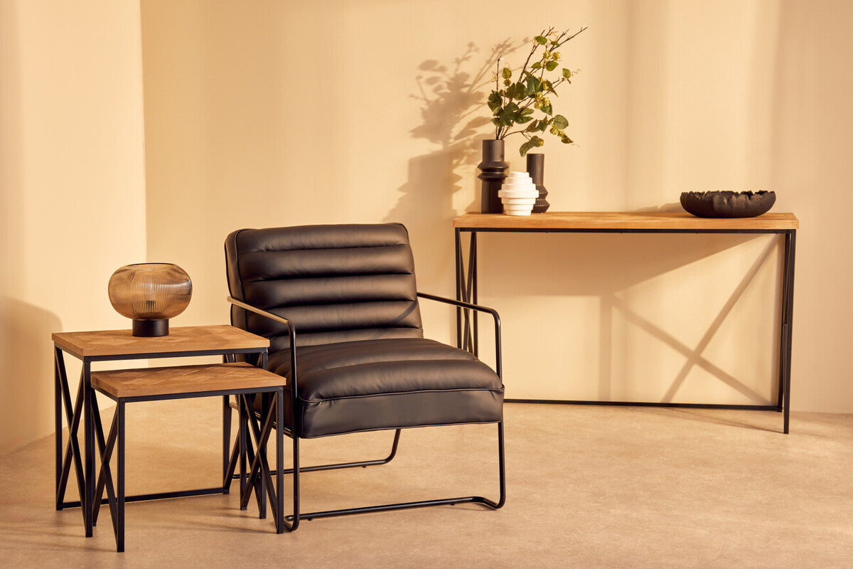 Natural Parquet Fir Wood Set of Two Nesting Tables with Black Metal Frame | Kickford