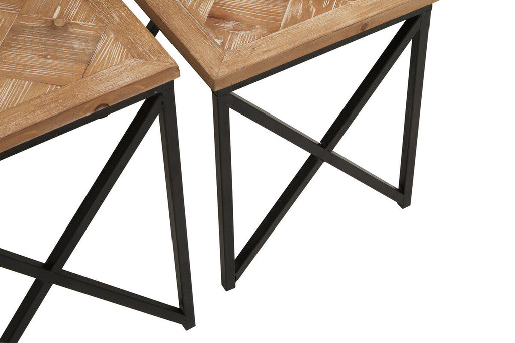 Natural Parquet Fir Wood Set of Two Nesting Tables with Black Metal Frame | Kickford
