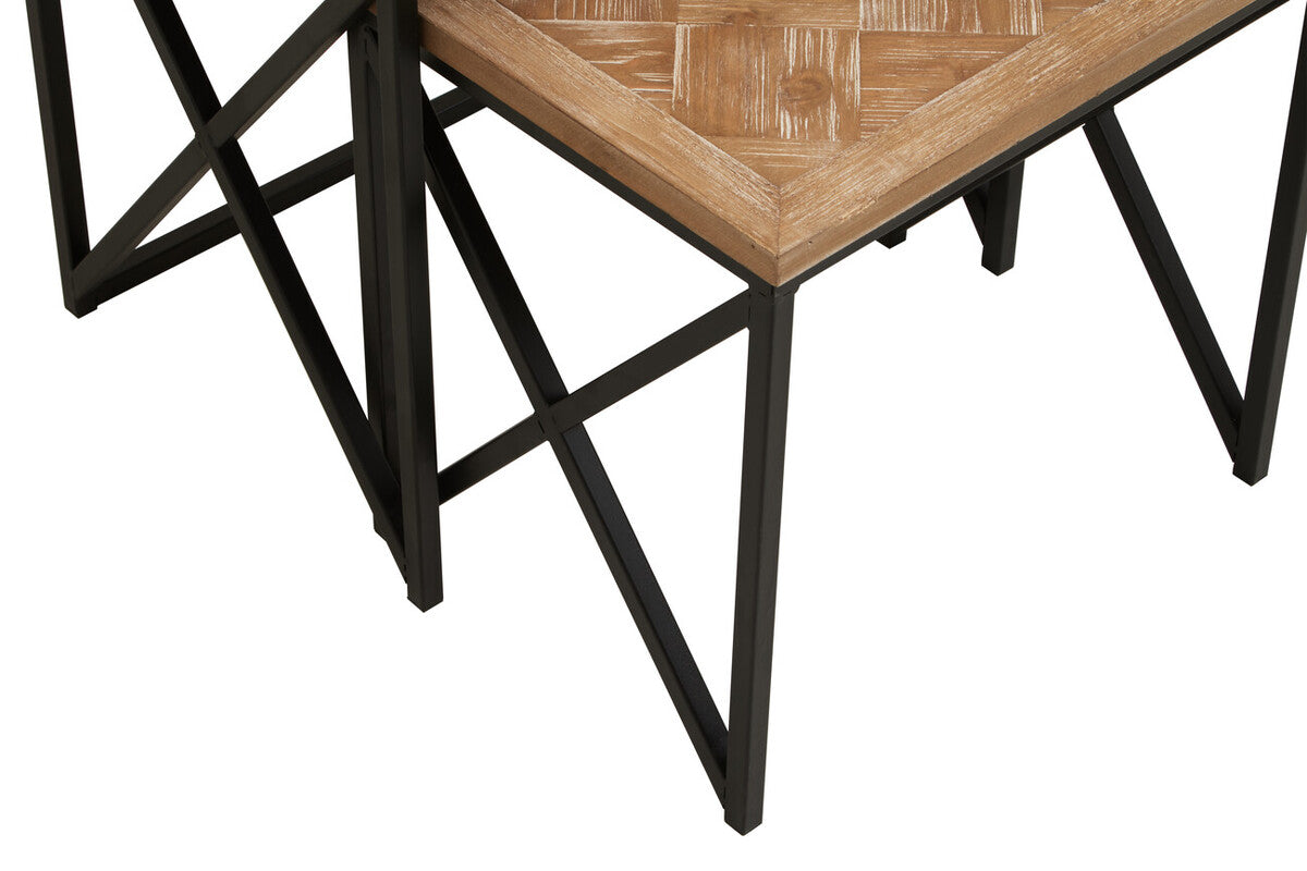Natural Parquet Fir Wood Set of Two Nesting Tables with Black Metal Frame | Kickford