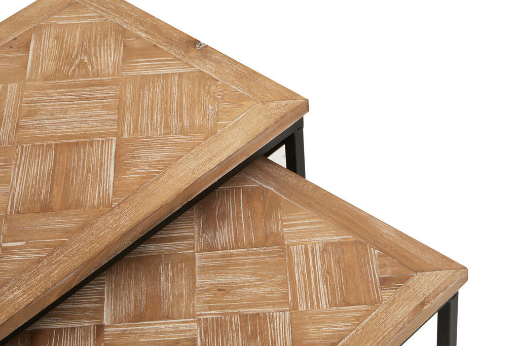 Natural Parquet Fir Wood Set of Two Nesting Tables with Black Metal Frame | Kickford