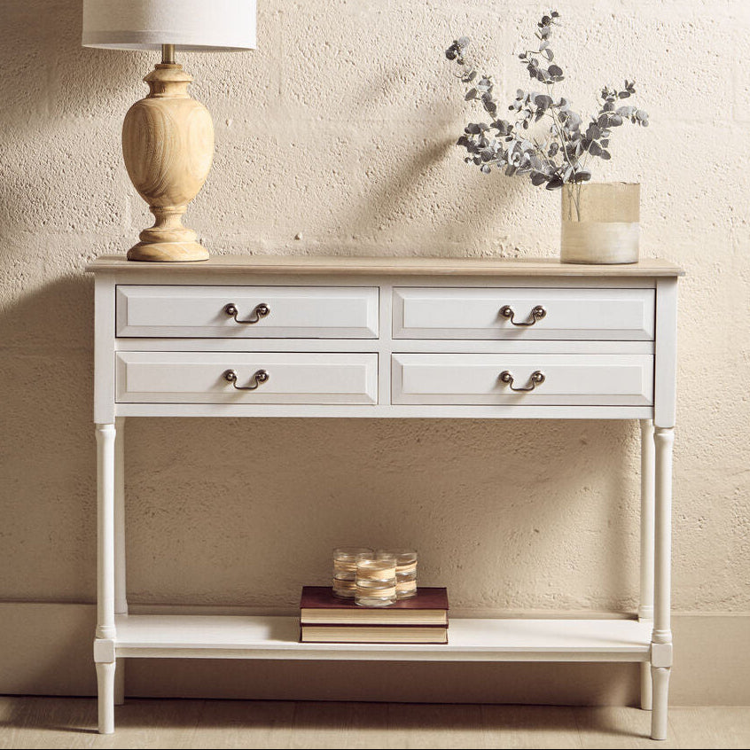 White 4 Drawer Wooden Console Table with Shelf | Heritage