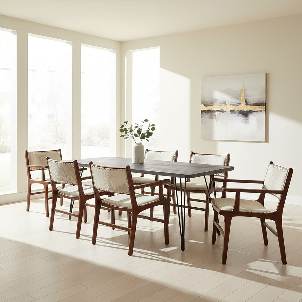 Dark Grey Veneer Wooden Dining Table with Black Slender Legs | Anube