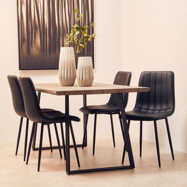 Light Brown Veneer Wooden Top Dining Table with Black U Shaped Metal Base, Adele