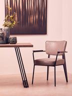 Light Brown Veneer Wooden Top Dining Table with Black U Shaped Metal Base, Adele