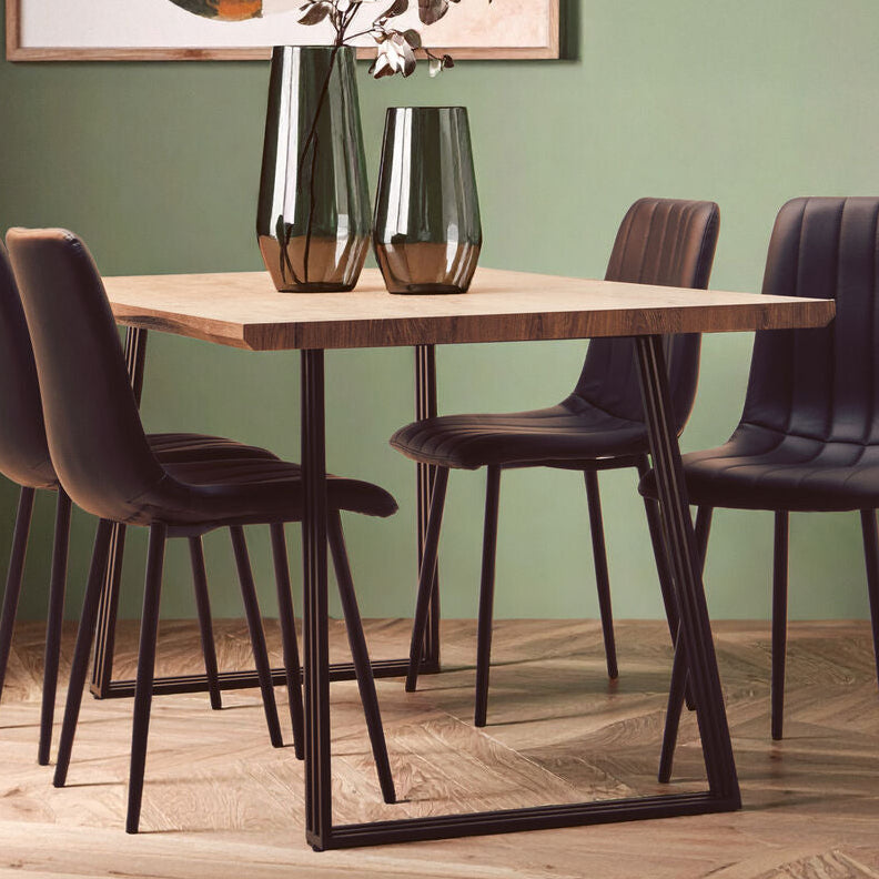 Light Brown Veneer Wooden Top Dining Table with Black U Shaped Metal Base, Adele