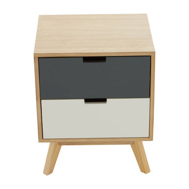 Grey and White Two-Drawer Bedside Table with Natural Wood Finish Frame | Watson
