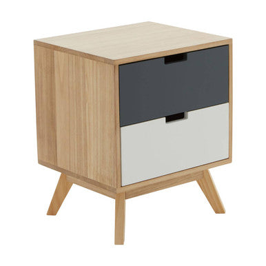 Grey and White Two-Drawer Bedside Table with Natural Wood Finish Frame | Watson