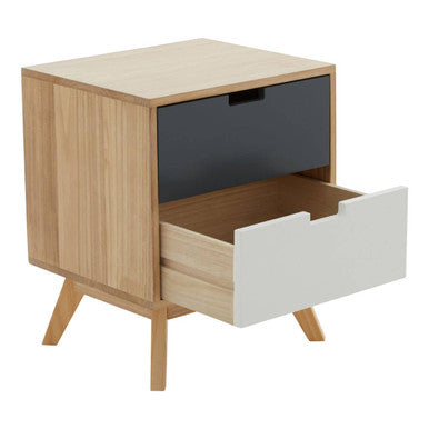 Grey and White Two-Drawer Bedside Table with Natural Wood Finish Frame | Watson