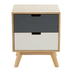 Grey and White Two-Drawer Bedside Table with Natural Wood Finish Frame | Watson
