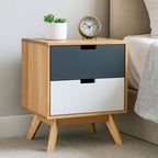 Grey and White Two-Drawer Bedside Table with Natural Wood Finish Frame | Watson