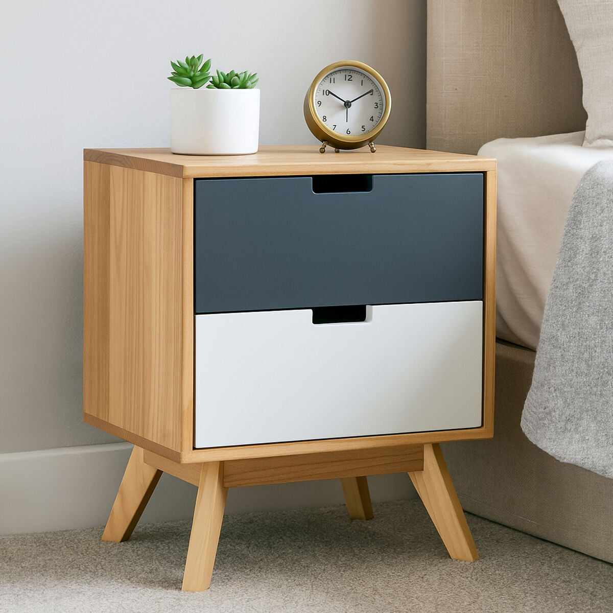 Grey and White Two-Drawer Bedside Table with Natural Wood Finish Frame | Watson