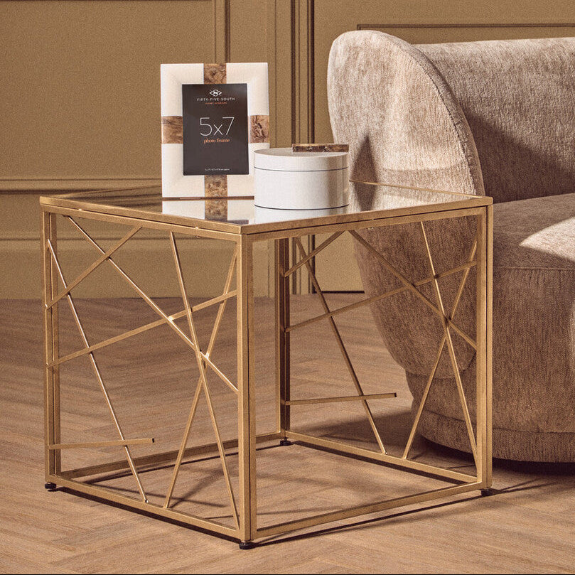 Gold Finish Metal Frame Side Table with Mirror Top | Farran