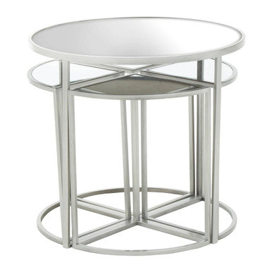Set of 5 Glass Top Silver Finish Frame Nesting Tables with Geometric Design, Farran