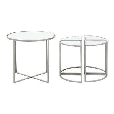 Set of 5 Glass Top Silver Finish Frame Nesting Tables with Geometric Design, Farran