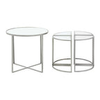 Set of 5 Glass Top Silver Finish Frame Nesting Tables with Geometric Design, Farran