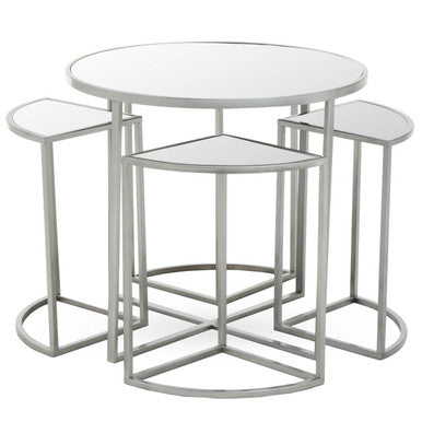Set of 5 Glass Top Silver Finish Frame Nesting Tables with Geometric Design | Farran