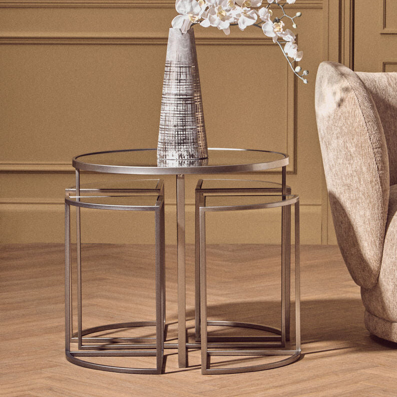 Set of 5 Glass Top Silver Finish Frame Nesting Tables with Geometric Design | Farran