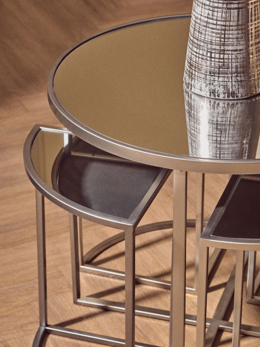 Set of 5 Glass Top Silver Finish Frame Nesting Tables with Geometric Design | Farran