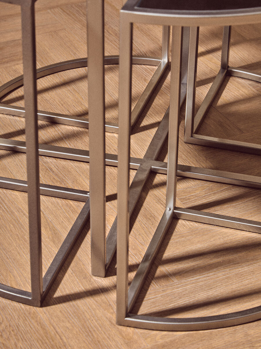 Set of 5 Glass Top Silver Finish Frame Nesting Tables with Geometric Design | Farran