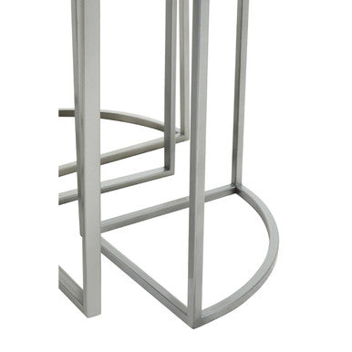 Set of 5 Glass Top Silver Finish Frame Nesting Tables with Geometric Design, Farran