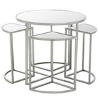 Set of 5 Glass Top Silver Finish Frame Nesting Tables with Geometric Design, Farran