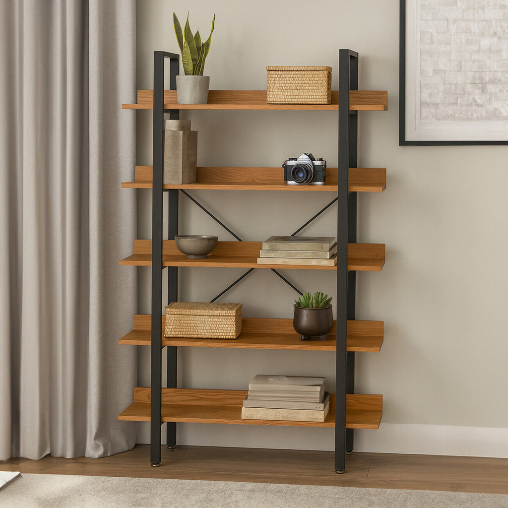 5 Tier Wood Finish Shelves and Black Frame Shelf Unit | Laxton