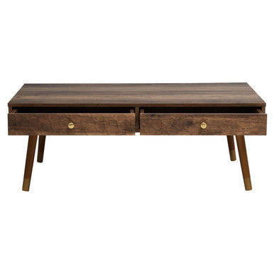 Brown Wood Veneer Coffee Table with 2 Drawers and Angular Wooden Legs | Frida