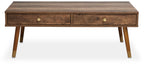Brown Wood Veneer Coffee Table with 2 Drawers and Angular Wooden Legs | Frida
