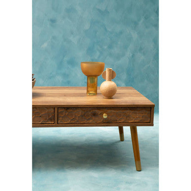 Brown Wood Veneer Coffee Table with 2 Drawers and Angular Wooden Legs | Frida