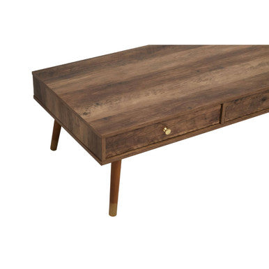 Brown Wood Veneer Coffee Table with 2 Drawers and Angular Wooden Legs | Frida