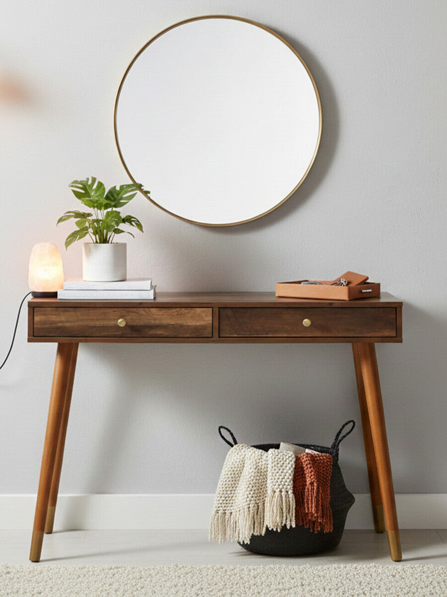 Brown Natural Wood Veneer Console Table with 2 Storage Drawers | Frida