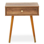Natural Brown Wood Effect Bedside Table with 1 Drawer and Angular Legs | Frida