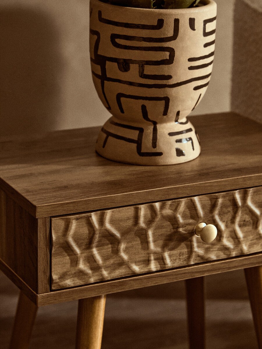 Natural Brown Wood Effect Bedside Table with 1 Drawer and Angular Legs | Frida