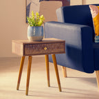 Natural Brown Wood Effect Bedside Table with 1 Drawer and Angular Legs | Frida