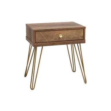Brown Wood Top 1-Drawer Side Table with Hairpin Legs | Flori