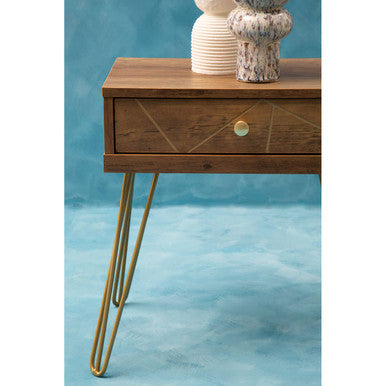 Brown Wood Top 1-Drawer Side Table with Hairpin Legs | Flori