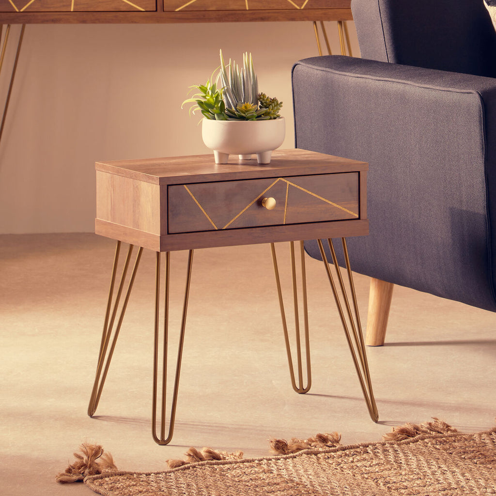 Brown Wood Top 1-Drawer Side Table with Hairpin Legs | Flori