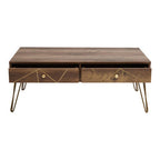 Brown Wood Top 2-Drawer Coffee Table with Hairpin Legs | Flori