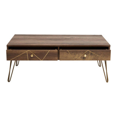 Brown Wood Top 2-Drawer Coffee Table with Hairpin Legs | Flori