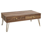 Brown Wood Top 2-Drawer Coffee Table with Hairpin Legs | Flori