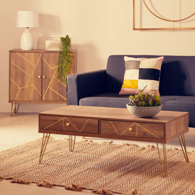 Brown Wood Top 2-Drawer Coffee Table with Hairpin Legs | Flori