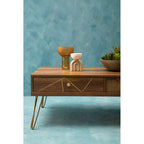 Brown Wood Top 2-Drawer Coffee Table with Hairpin Legs | Flori