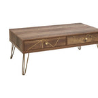Brown Wood Top 2-Drawer Coffee Table with Hairpin Legs | Flori