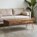 Brown Wood Top 2-Drawer Coffee Table with Hairpin Legs | Flori