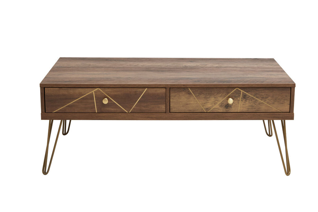 Brown Wood Top 2-Drawer Coffee Table with Hairpin Legs | Flori