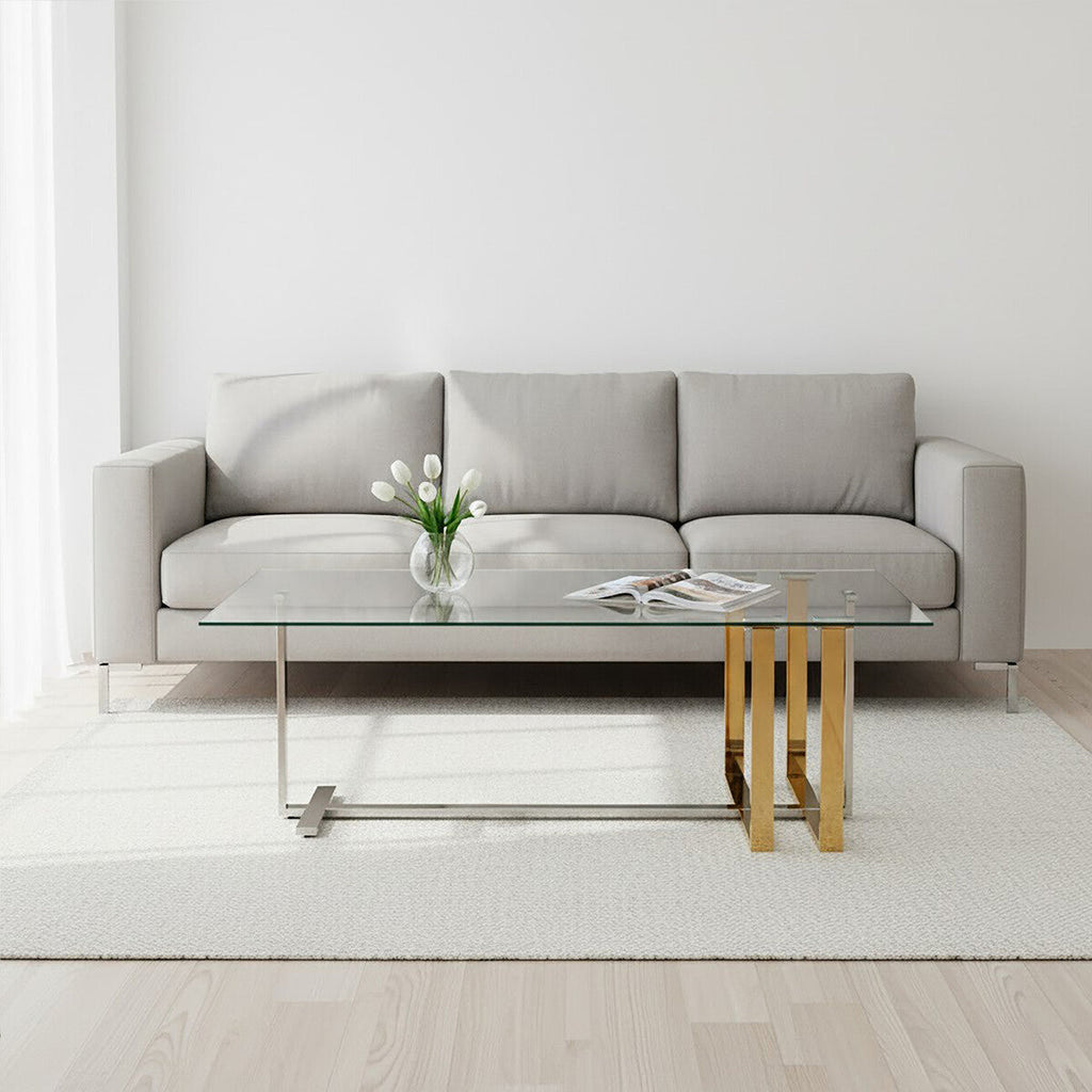 Silver and Gold Steel Frame Coffee Table with Glass Top | Alvea