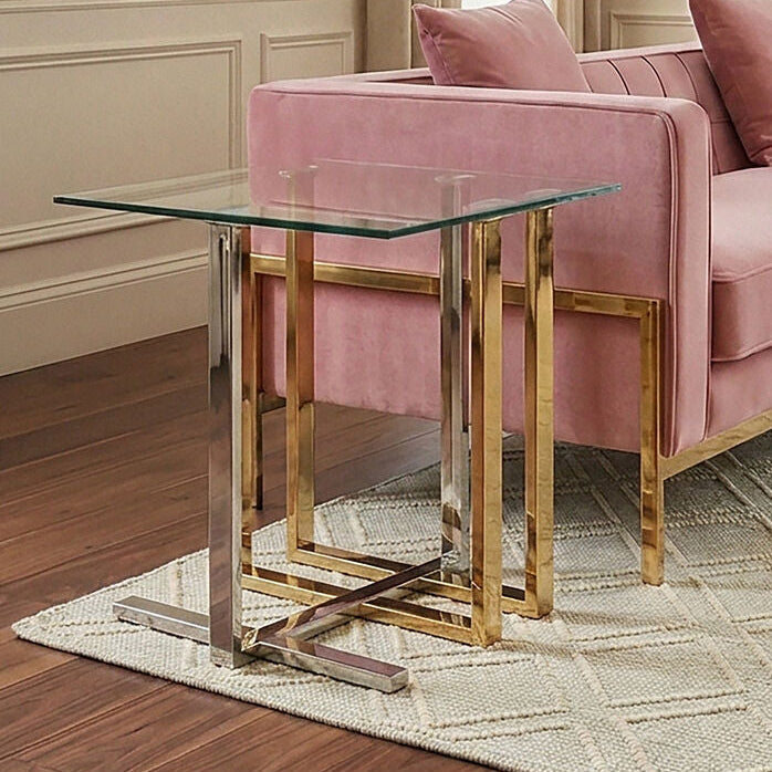 Silver and Gold Steel Frame Side Table with Glass Top | Alvea